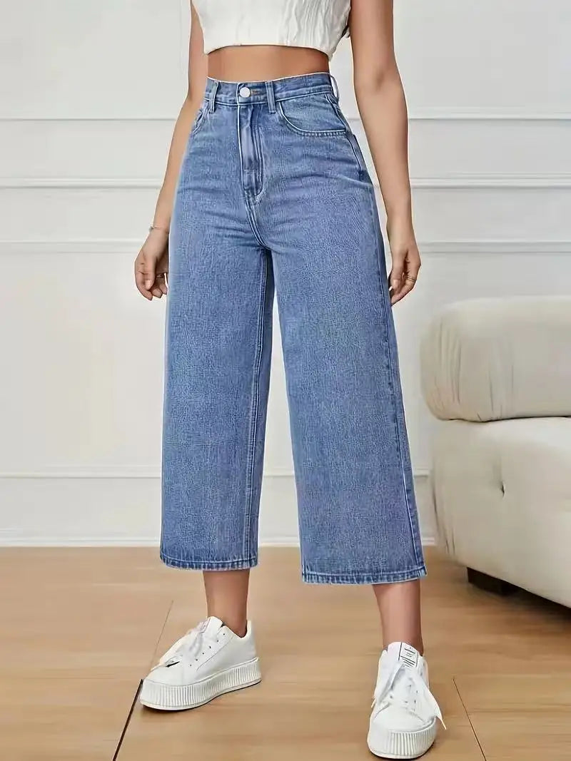 Women's High-Waisted Wide-Leg Capri Jeans in light blue denim with a relaxed fit, cropped length, and classic five-pocket