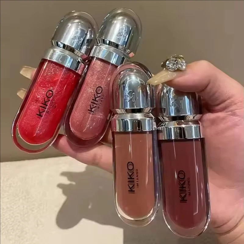Fashion Kiko 3D Hydra Lip Gloss set with four colorfast, waterproof, long-lasting, moisturizing shimmer lip glosses in pink