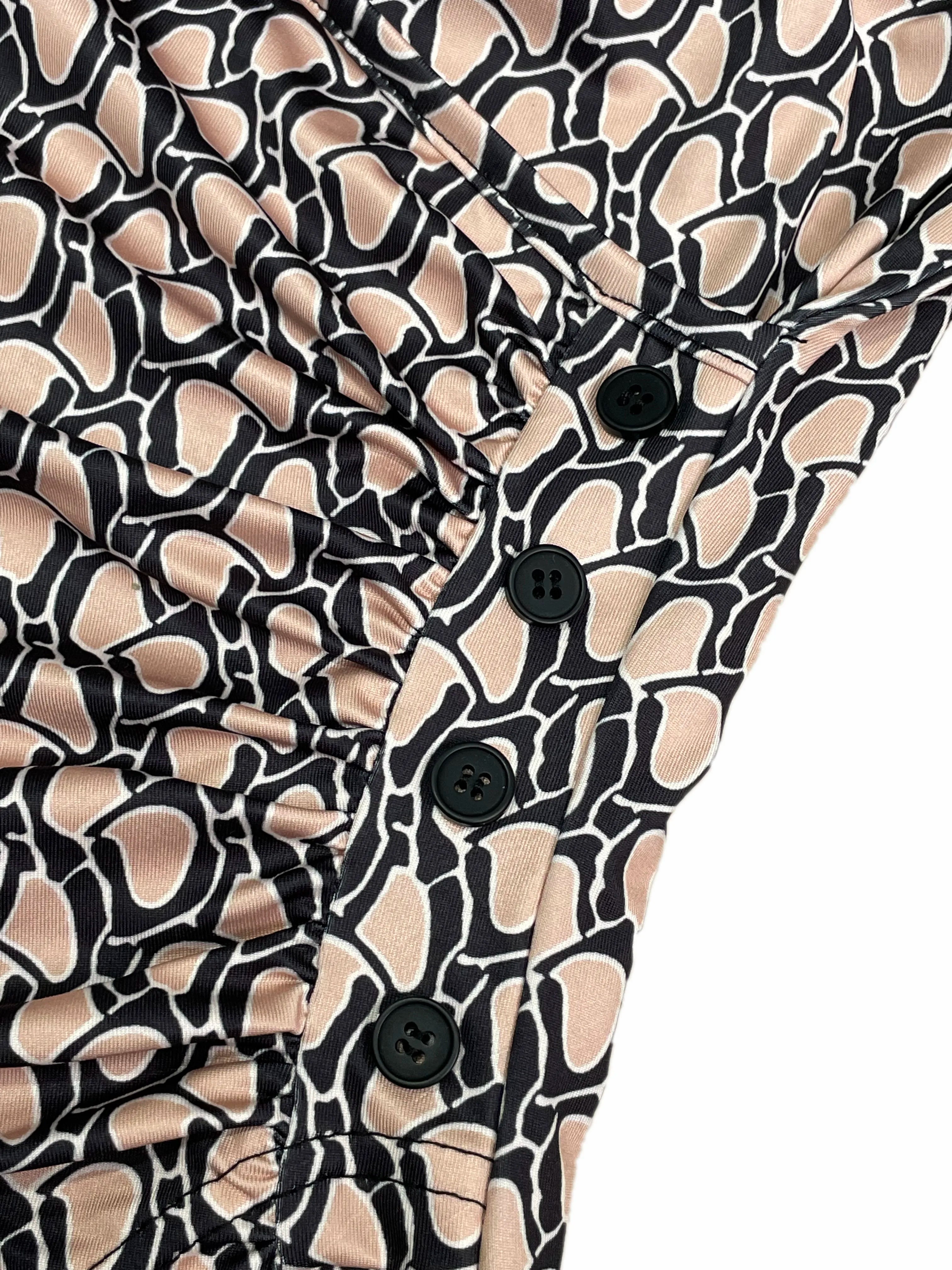 Women's floral print high waist sleeveless bodycon dress with ruffles, lightweight fabric, black buttons, suitable for summer vacations.