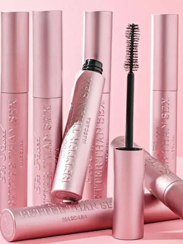Better Than Sex Mascara with pink aluminum tube, black brush applicator, waterproof, sweatproof, long volumizing, 8ml