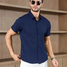 Men's business casual short sleeve shirt in navy blue, made of lightweight, no-iron fabric, suitable for summer, versatile and comfortable.