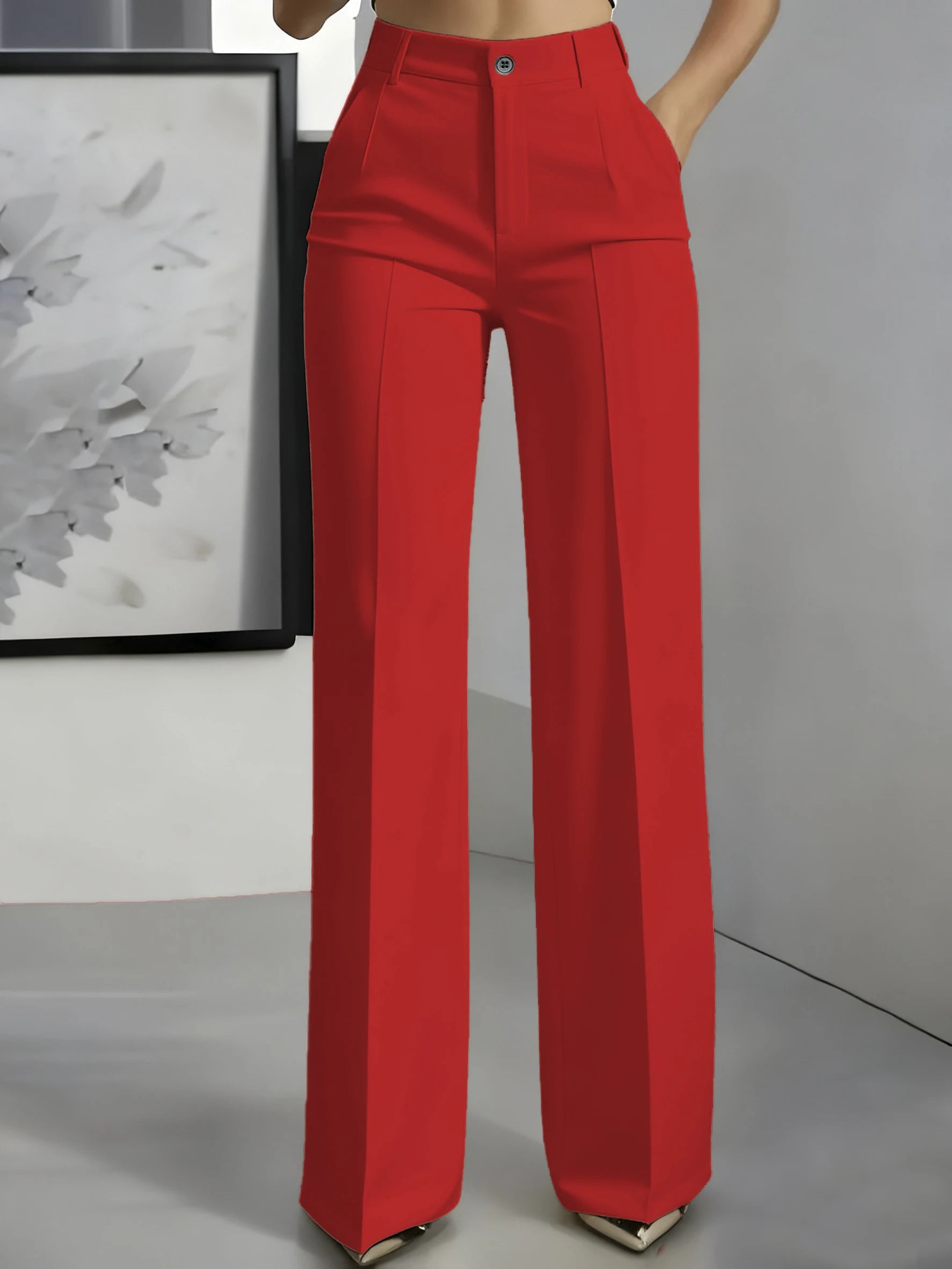 New 2025 Women's High-Waisted Draped Straight-Cut Suit Pants in red, made of smooth fabric, styled for European American cross-border fashion.