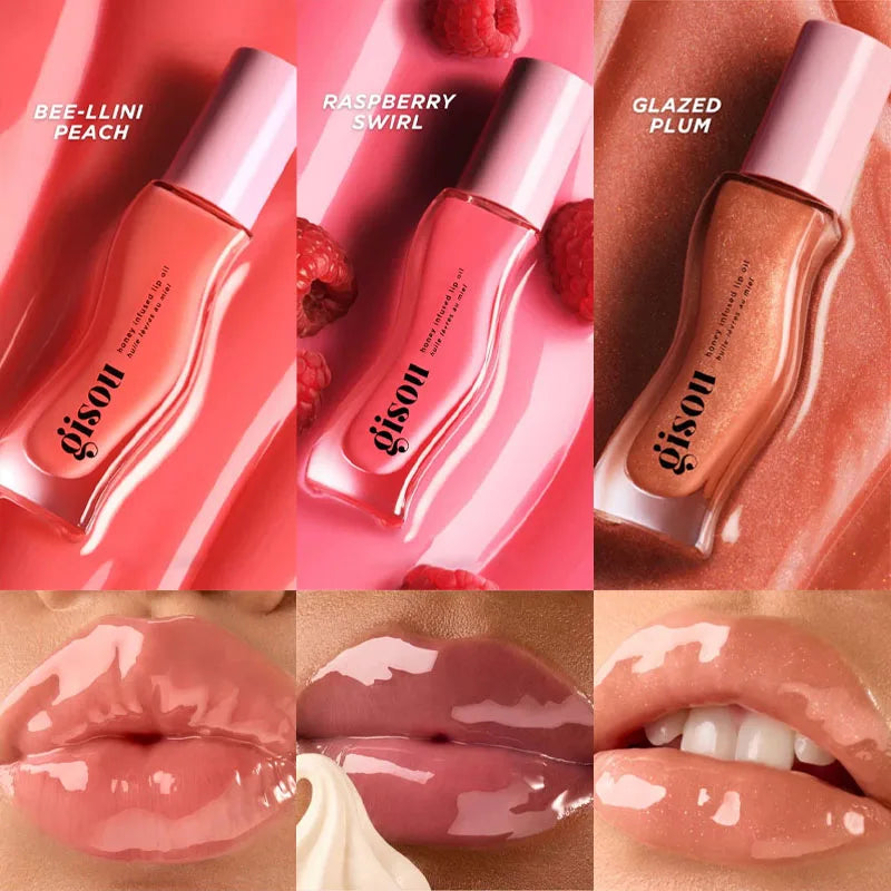 Gisou Moisturizing Watermelon Lip Balm Lip Oil Gloss in peach, raspberry swirl, and glazed plum shades with glossy, plump