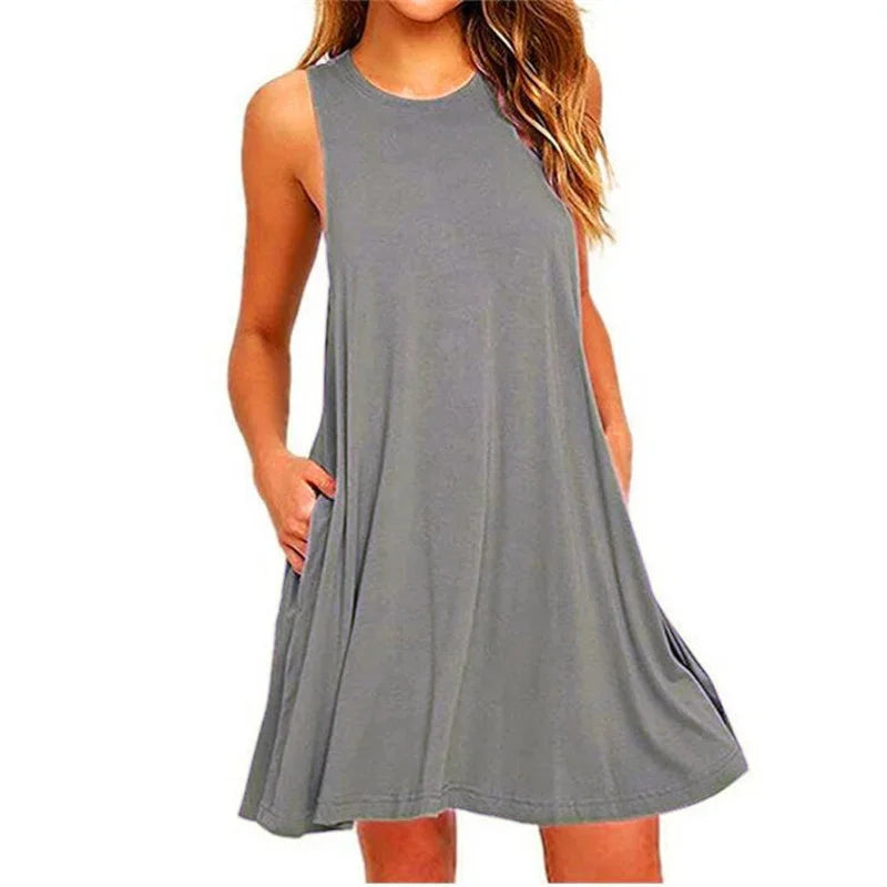 Women's Dress Summer Casual T Shirt Dresses Beach Cover Up Plain Pleated Tank Pockets Dress in gray fabric