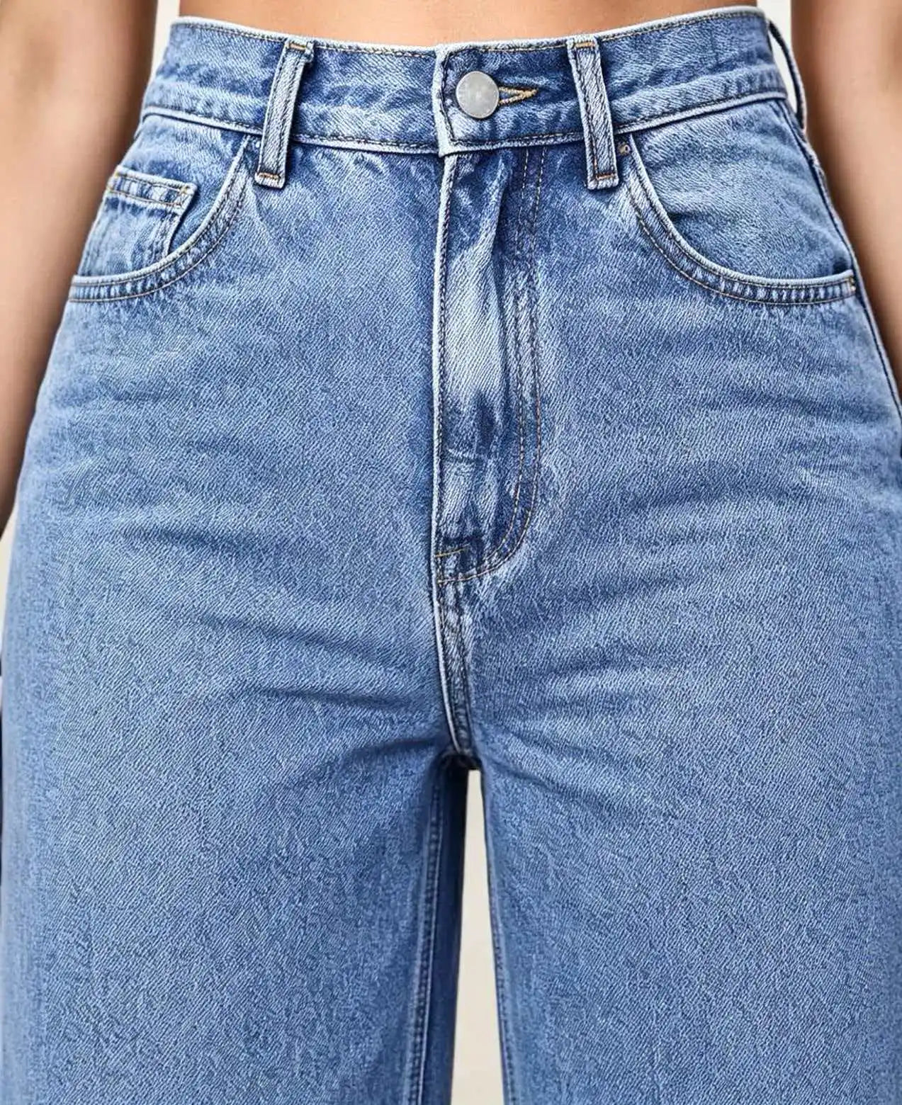 Women's High-Waisted Wide-Leg Capri Jeans in light blue denim with front pockets, button closure, and relaxed fit.