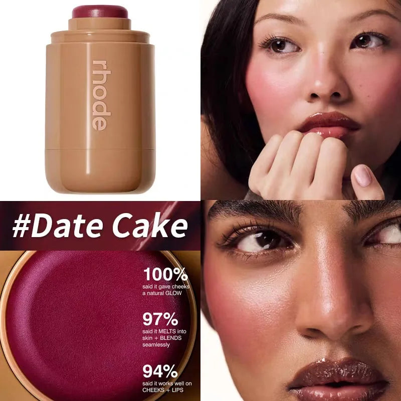 Brand skin Balm Jelly Bean Lip Gloss with deep red color, moisturizing and waterproof, applied on lips and cheeks for a