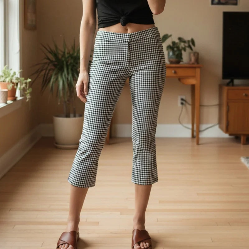 Women Summer Capri Pants Casual Low Waist Solid Color and Dot Print Slim Fit Cropped Trousers Fashion Streetwear, black and