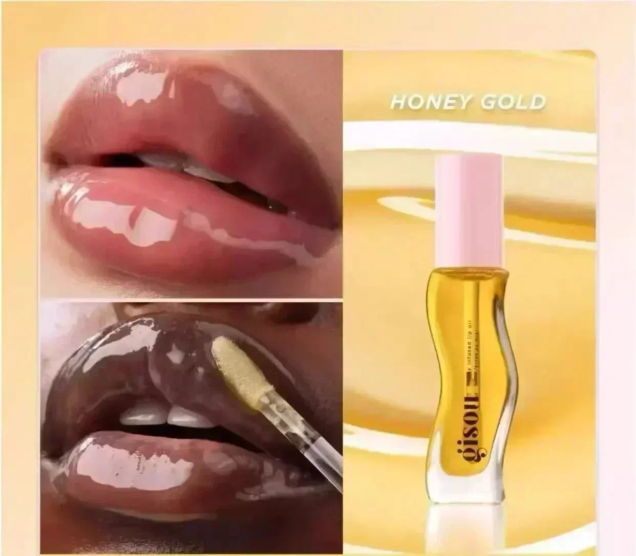 Gisou Moisturizing Watermelon Lip Balm Lip Oil Gloss with plumping and exfoliating benefits, applied on lips with a yellow