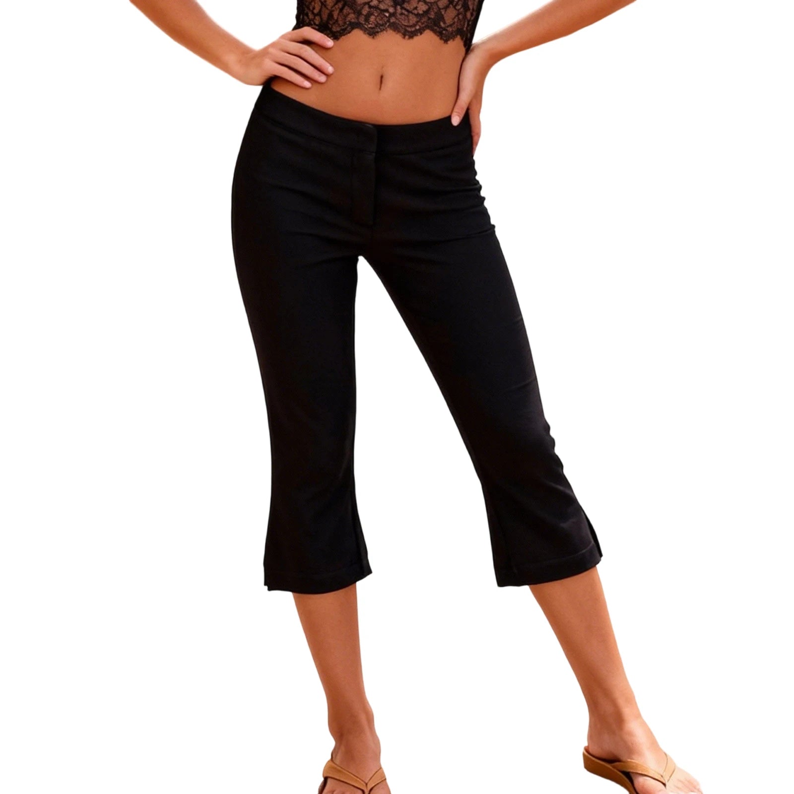 Women Summer Capri Pants Casual Low Waist Solid Color and Dot Print Slim Fit Cropped Trousers in black with dotted pattern