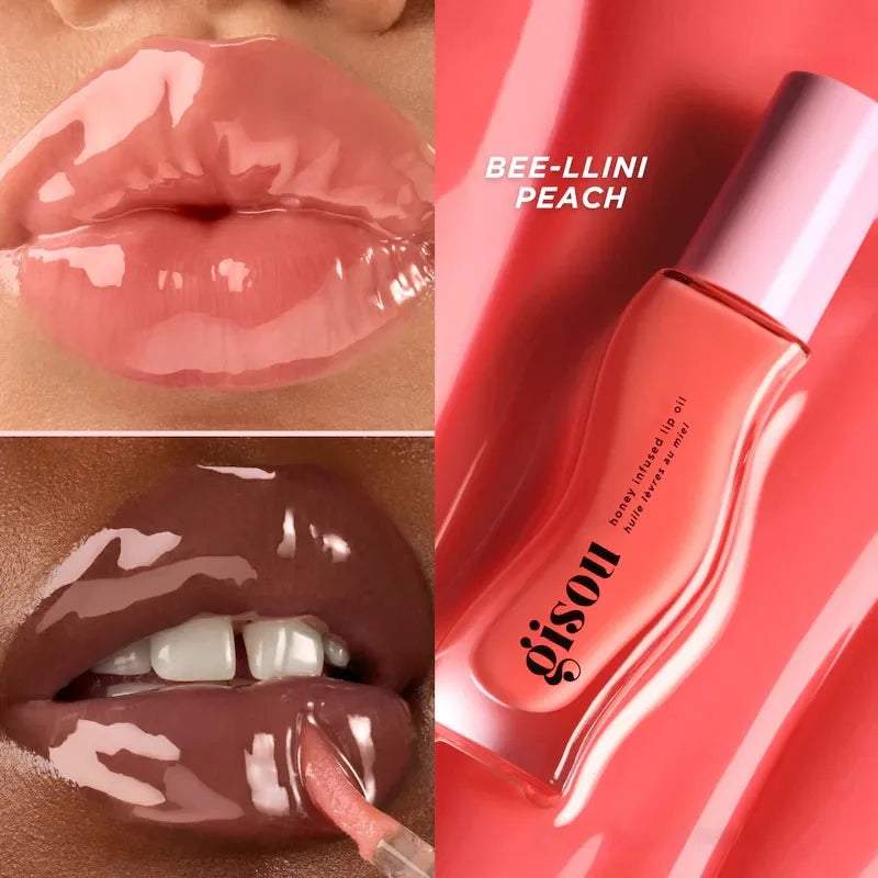 Gisou Moisturizing Watermelon Lip Balm Lip Oil gloss in peach flavor, shown on lips and in the bottle, highlighting its