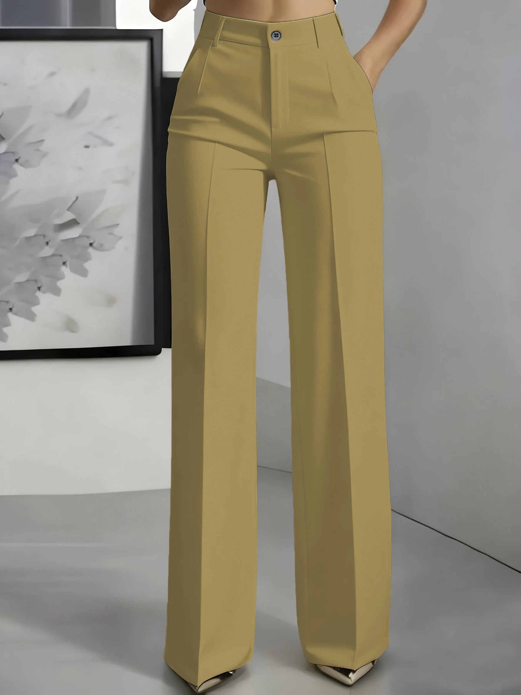 New 2025 Women's High-Waisted Draped Straight-Cut Suit Pants in beige, made of smooth fabric, styled for European American cross-border fashion.