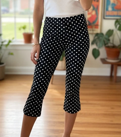 Women Summer Capri Pants Casual low waist slim fit cropped trousers with black and white polka dot print, streetwear style.
