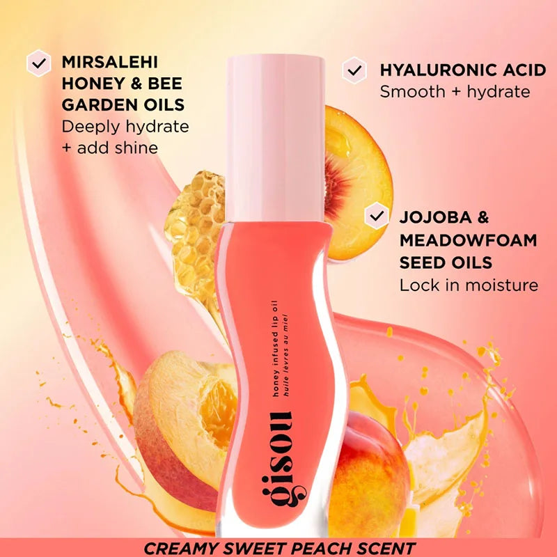 Gisou Moisturizing Watermelon Lip Balm Lip Oil Gloss with peach, honey, and melon illustrations, highlighting hydration