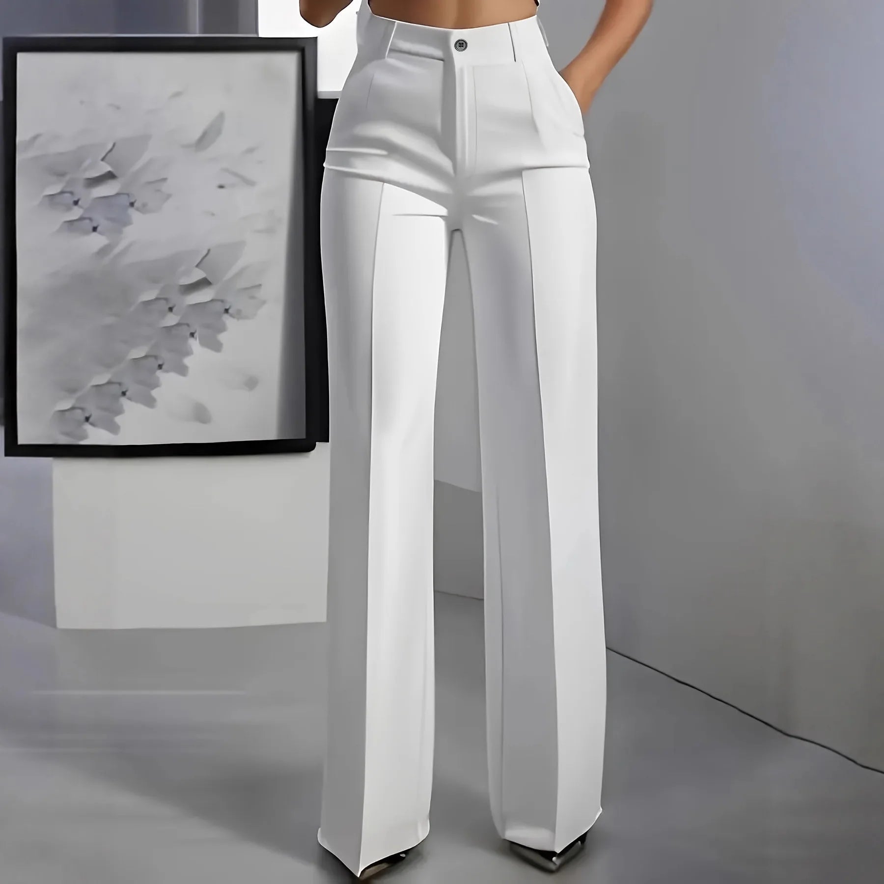 Women's high-waisted straight-leg trousers in white, formal office style, slim-fit cut, solid color, suitable for professional wear.
