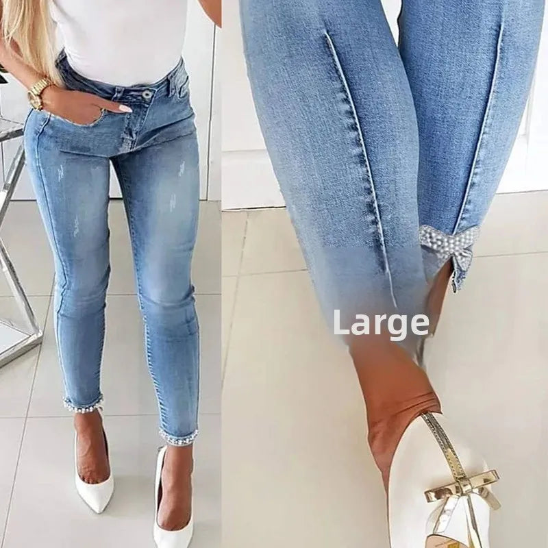 Slim Fit Denim Jeans Butterfly Stick Flower Bead Open Split Ankle Length Slimming Pencil Long Trousers Women's Fashion