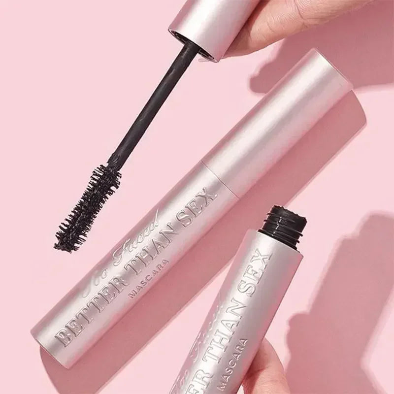 Better Than Sex Mascara with pink aluminum tube, waterproof, long-lasting, bushy volume, 8ml, with applicator wand shown.