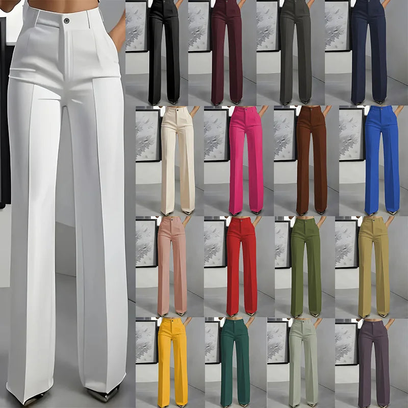 Women's High-Waisted Straight-Leg Trousers Formal Office Trousers Slim-Fit Cut Classic Solid-Color Suit Trousers in various colors displayed on mannequins.