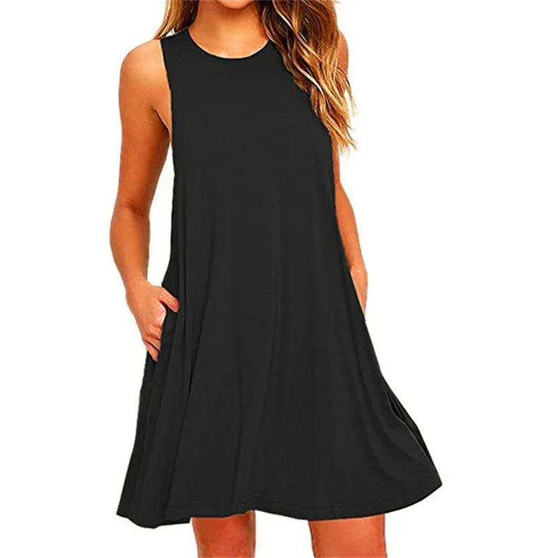 Women's Dress Summer Casual T Shirt Dresses Beach Cover Up Plain Pleated Tank Pockets Dress in black, sleeveless, knee-length, lightweight fabric.