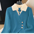 New 2025 Autumn Winter Splicing Slim Women Knitted Cardigan Sweater Jacket with cream collar and decorative buttons
