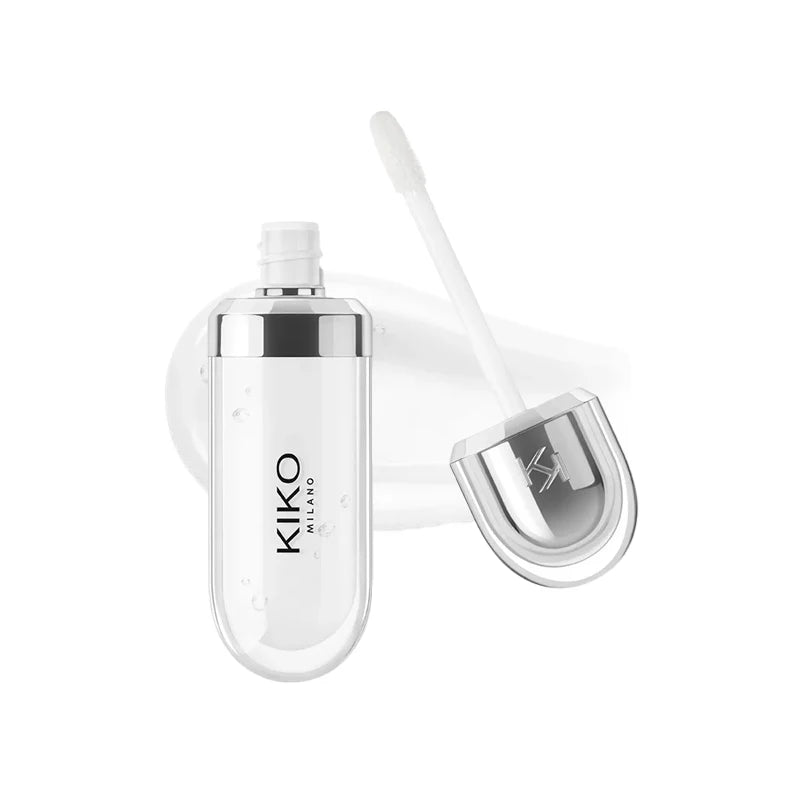 Fashion Kiko 3D Hydra Lip Gloss in clear, moisturizing formula with silver cap and doe-foot applicator for long-lasting