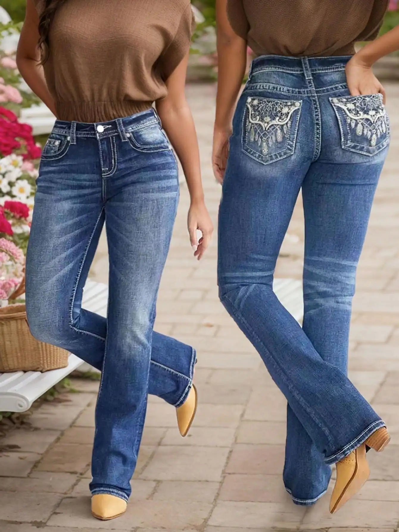 Women's Embroidered Wash Denim Jeans with heavy-duty stitching and intricate embroidery on back pockets, showcasing style