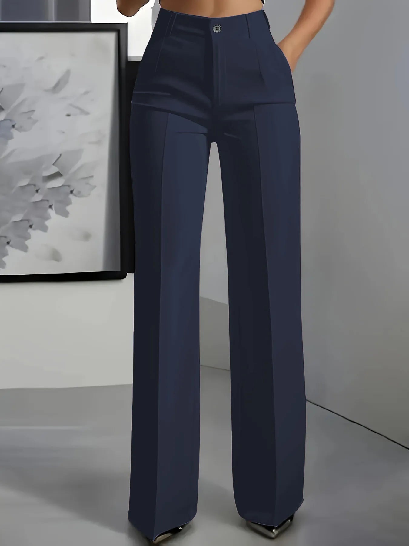 Women's High-Waisted Straight-Leg Trousers Formal Office Trousers Slim-Fit Cut Classic Solid-Colour Suit Trousers in navy blue fabric.