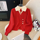 New 2025 Autumn Winter Design Splicing Slim Women Knitted Cardigan Sweater Jacket with white collar, decorative buttons, and