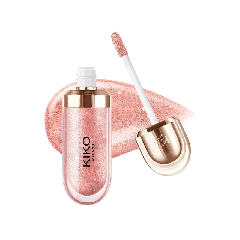 Fashion Kiko 3D Hydra Lip Gloss in shimmering pink with a doe-foot applicator and metallic gold cap, designed for