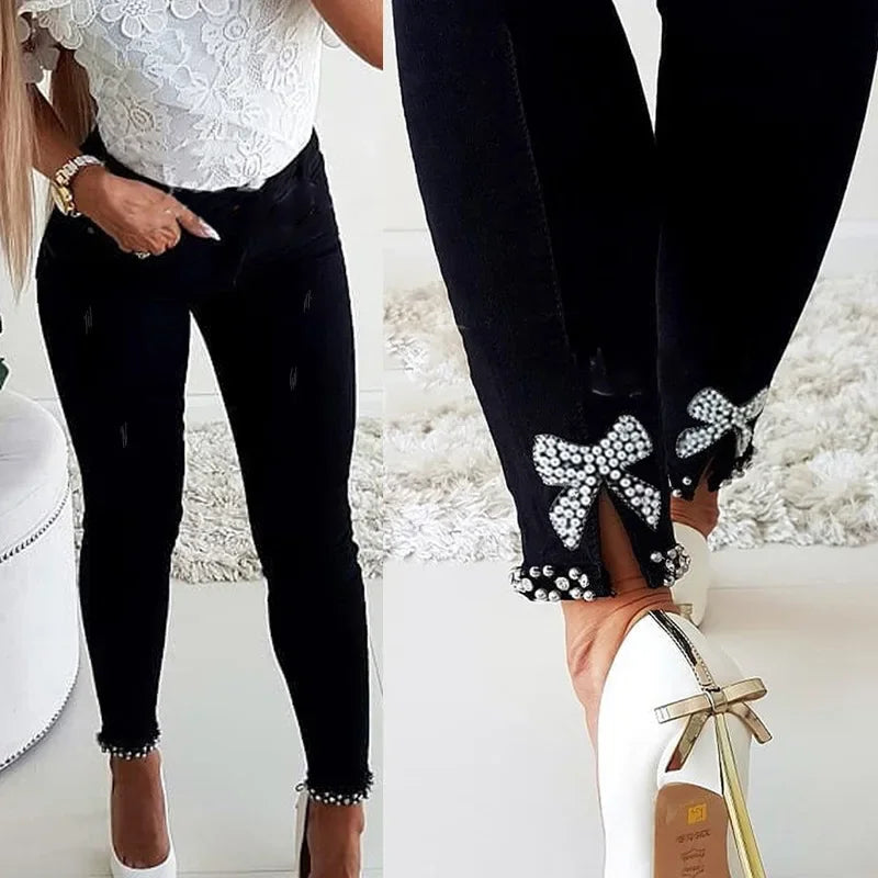 Slim Fit Denim Jeans Butterfly Stick Flower Bead open split ankle-length slimming pencil long trousers with bow