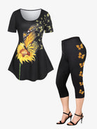 ROSEGAL Plus Size 3D printed floral graphic outfit matching set with a sunflower and butterfly design on the top and