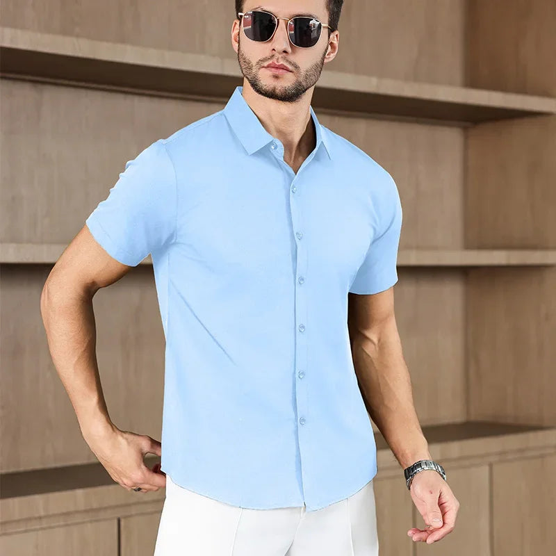 Men's Business Casual Short Sleeve Shirt in light blue, made of lightweight, breathable fabric, no ironing, versatile for summer wear.