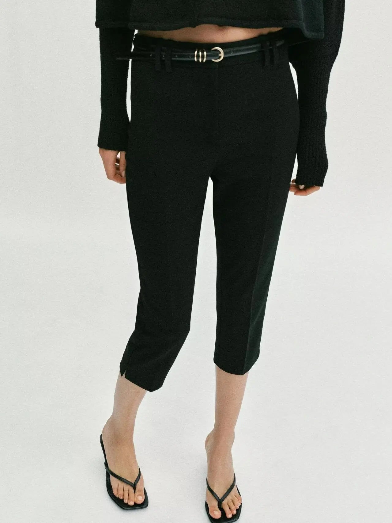 Spring New Arrival Women's Casual Pure Color Capri Pants with Belt, black, cropped length, versatile leisure trousers with