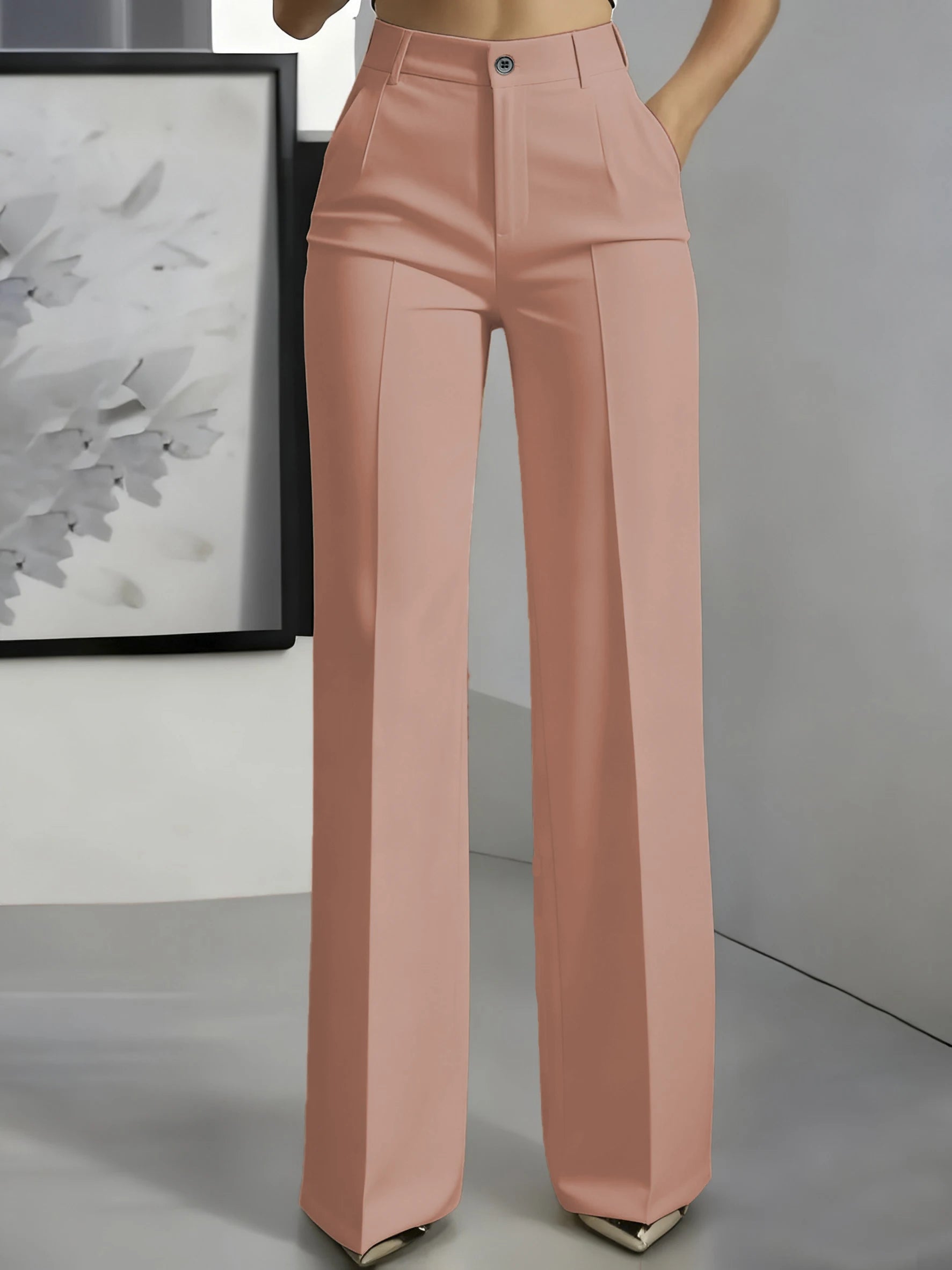New 2025 Women's High-Waisted Draped Straight-Cut Suit Pants in soft pink, made of lightweight fabric for formal European American cross-border fashion.