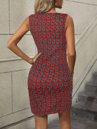 Womens V Neck Sleeveless Bodycon Dress Floral Print High Waist Ruffled Summer Dress lightweight and sexy, worn by a woman standing against a stone wall.