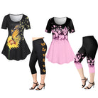 ROSEGAL Plus Size 3D Printed Outfit female matching set with floral graphic tee and Capri leggings in black, yellow, and