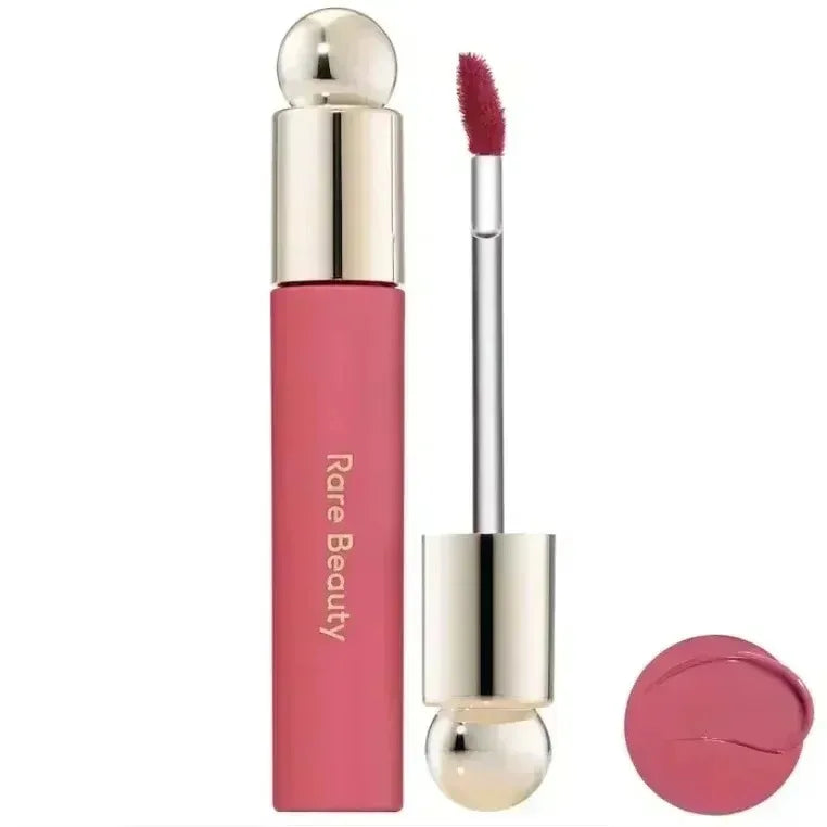 Rare Beauty 7-Colors Soft Pinch Tinted Lip Oil Stain Lip Gloss Hope Happy Wonder Delight with pink tube, silver cap, and
