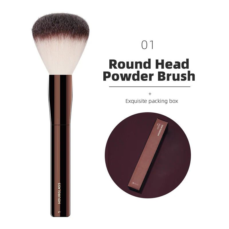 Hourglass Makeup Brushes Round Head Powder Foundation Concealer Blusher Bronzer Eye Shadow Eyebrow Eyeliner Sculpting Brush with black and brown handle and soft bristles, next to a brown packaging box.