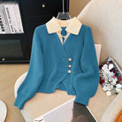 New 2025 Autumn Winter Design Splicing Slim Women Knitted Cardigan Sweater Jacket in blue with cream collar and decorative