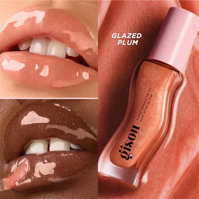 Gisou Moisturizing Watermelon Lip Balm and Lip Oil Gloss in pink and clear shades shown on lips, with a pink bottle and