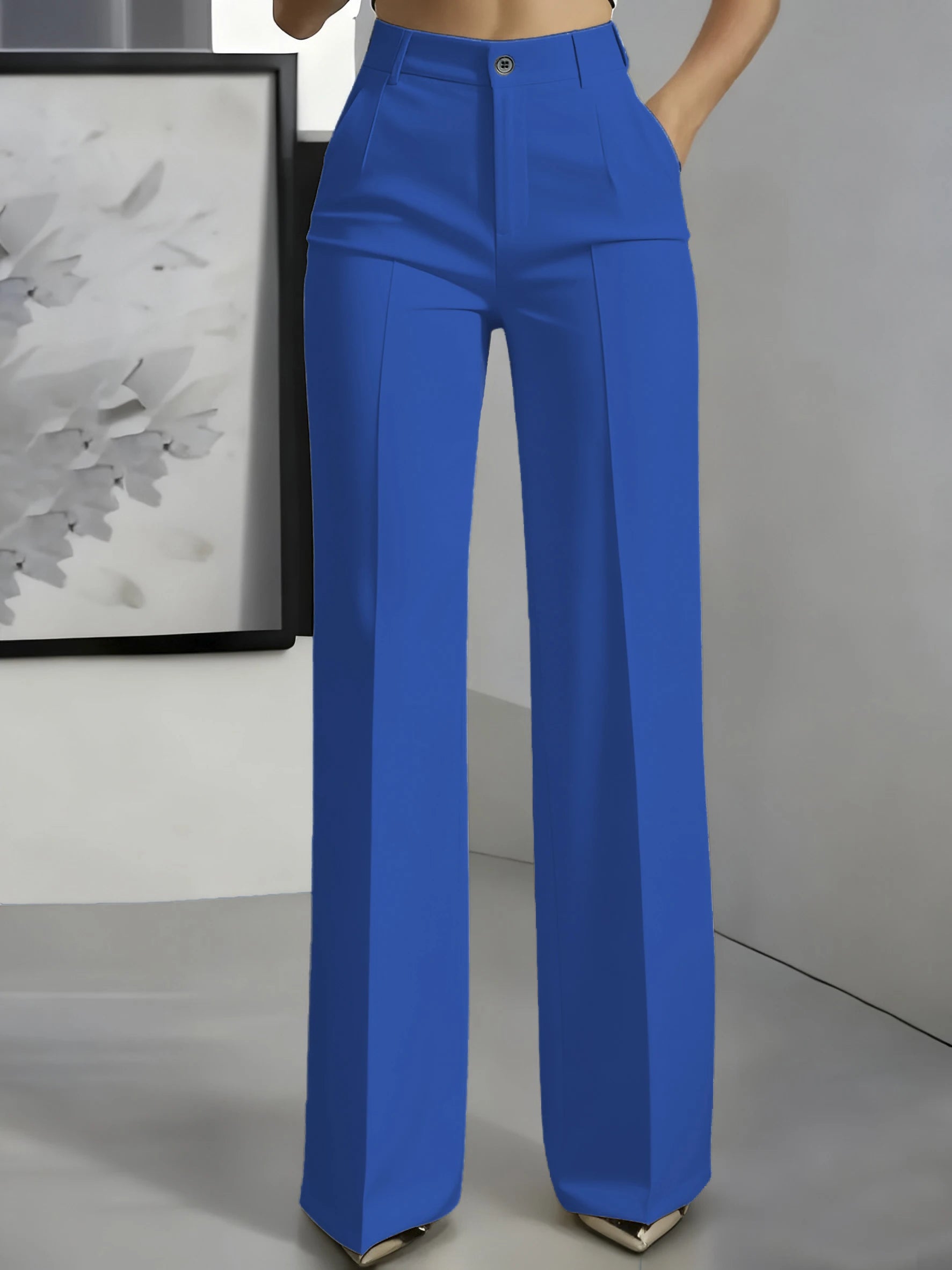 New 2025 women's high-waisted draped straight-cut suit pants in vibrant blue, made of smooth fabric, styled for European American cross-border fashion.