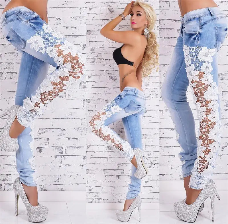 Sexy Lace Hollow Out Trim Denim Jeans Women's High Waist Cotton Blend Pencil Pants with floral lace details and high heels.