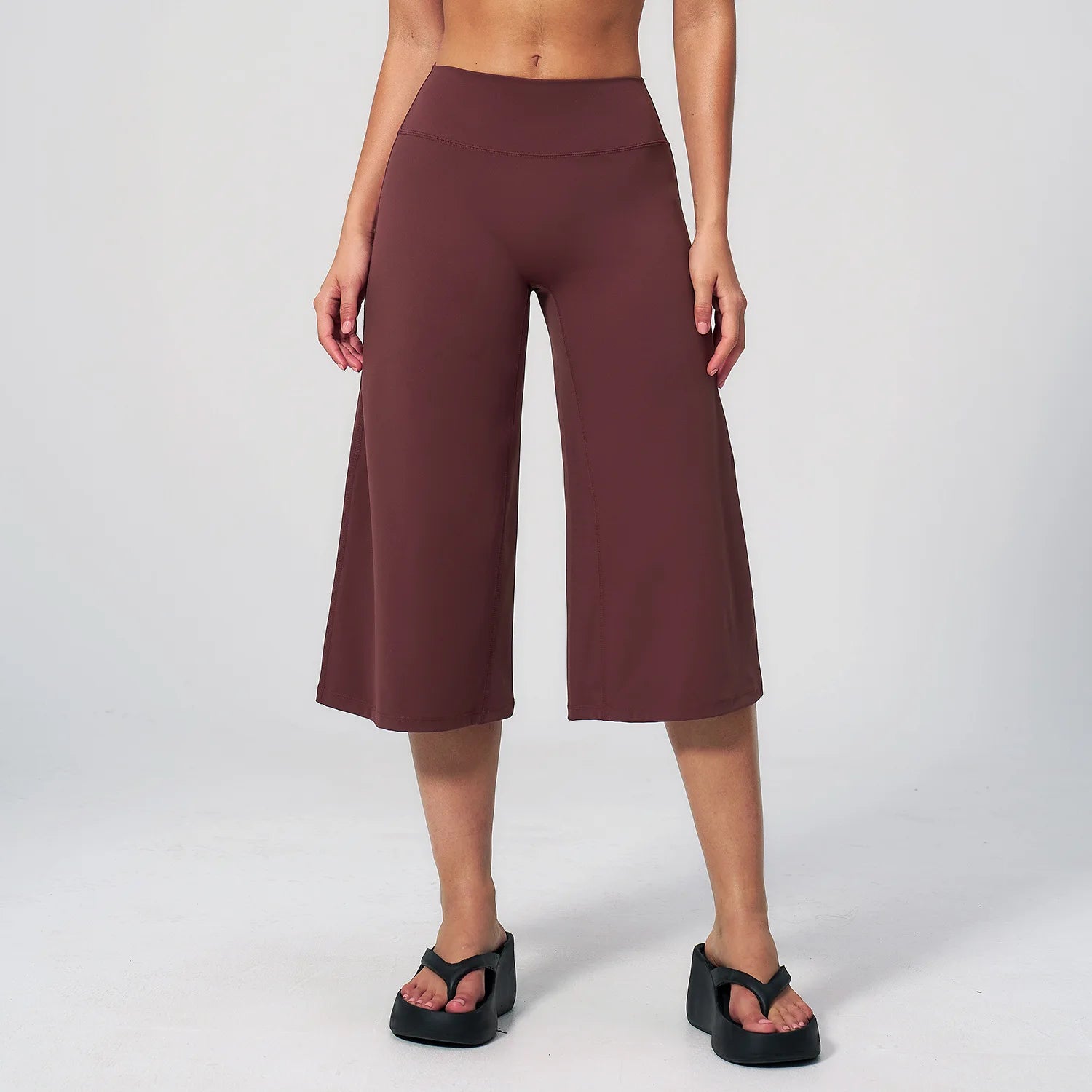 Summer Capri Pants for Women Wide Leg Yoga Cropped Pants Tummy Control High Waist in Flare Crop, buttery soft, loose casual style, shown in dark brown.