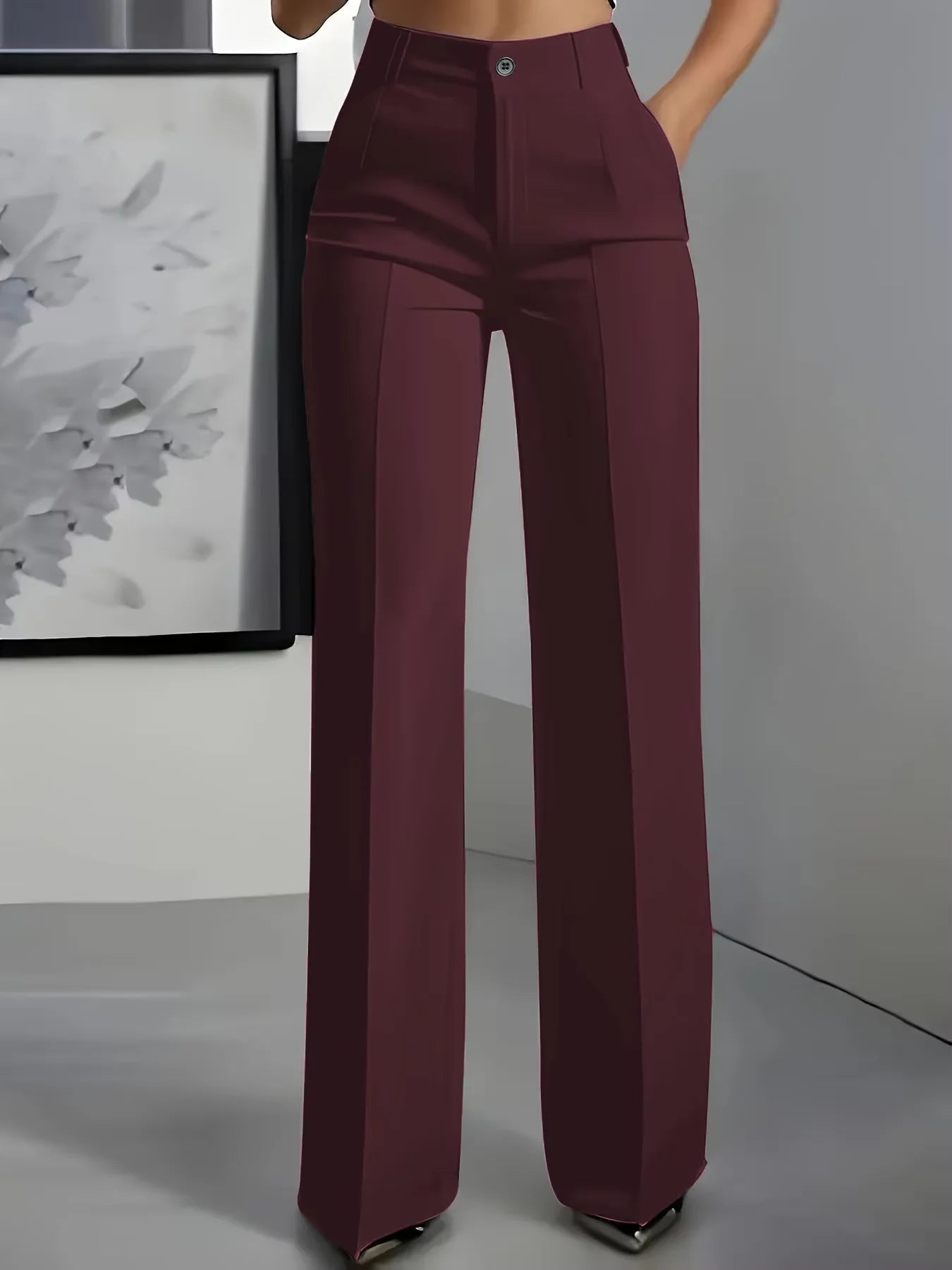 New 2025 Women's High-Waisted Draped Straight-Cut Suit Pants in burgundy with smooth fabric, suitable for professional or casual fashion.