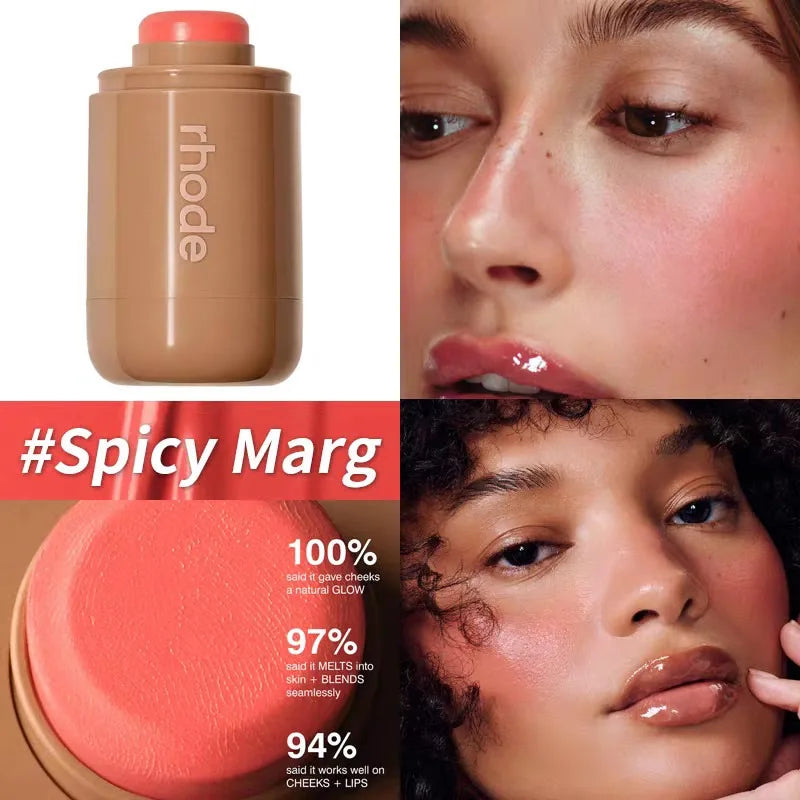 Brand skin Balm Jelly Bean Lip Gloss Spicy Marg Juice Box Pocket Blush Stick in coral shade, waterproof, moisturizing with