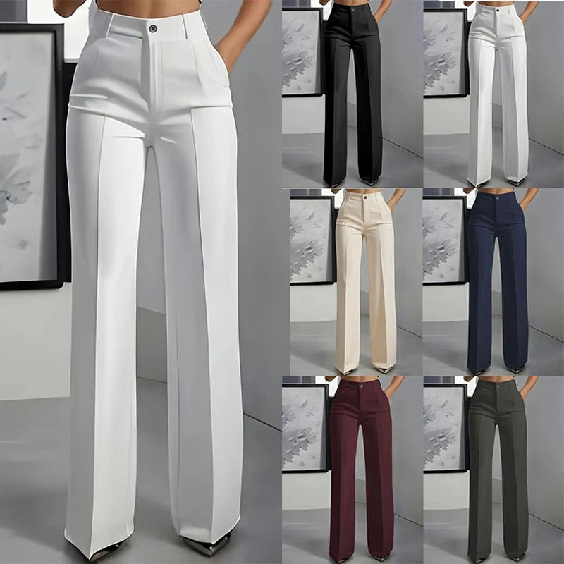 New 2025 Women's High-Waisted Draped Straight-Cut Suit Pants in white, black, beige, navy, burgundy, and gray, made of smooth fabric for formal wear.