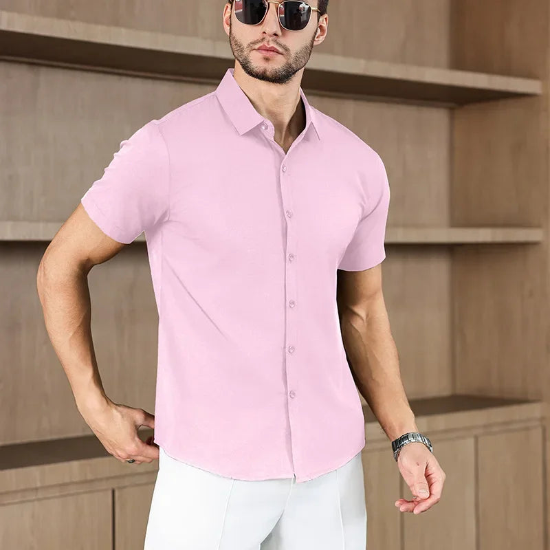 New Men's Business Casual Solid Color Short Sleeved Shirt for Summer Fashion No Ironing, Comfortable and Versatile Top in light pink