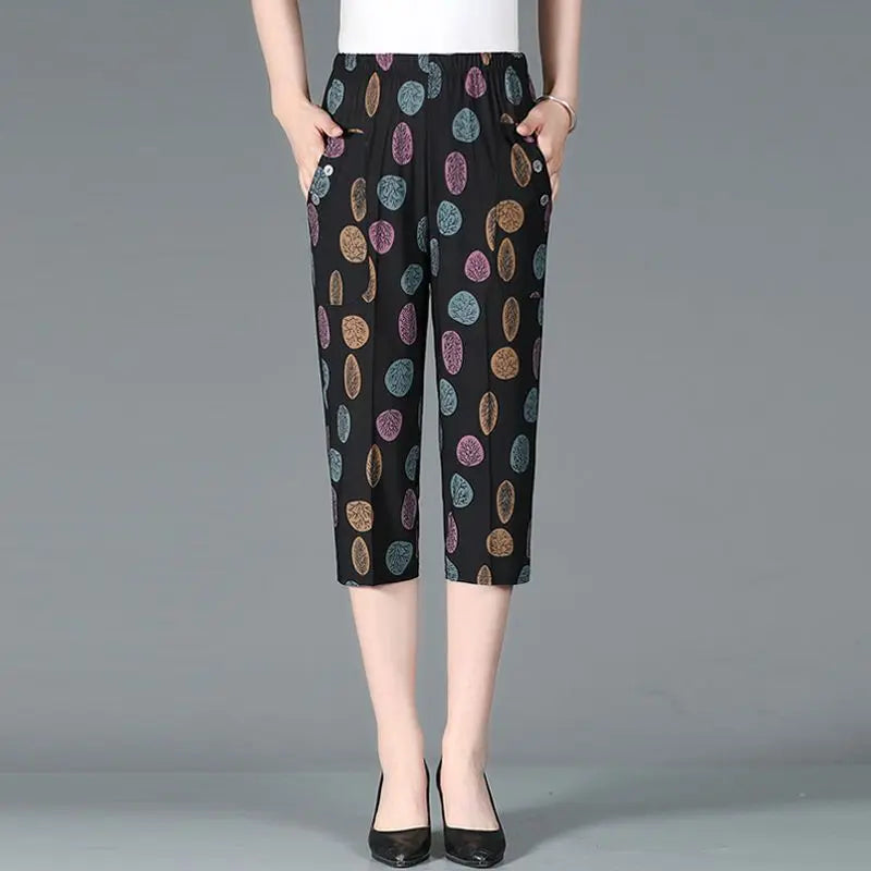 Summer New High Waist Capri Pants Elastic Casual Loose Straight Female Clothing with Patchwork Vintage Printed Design and Pockets