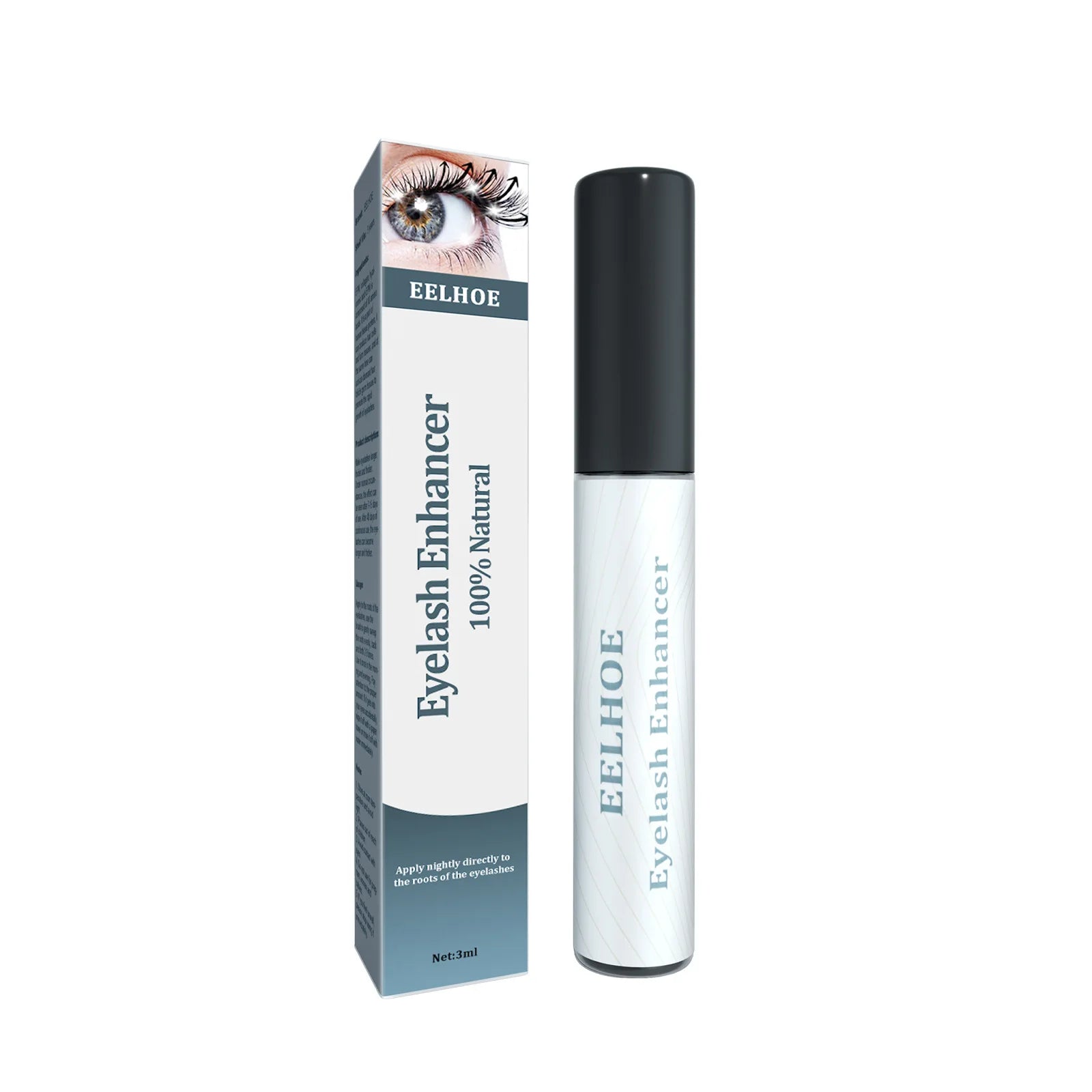 Fast Eyelash Growth Serum 7 Days Eyelash Eyebrow Growth Treatment in white and black tube with packaging showing an eye with