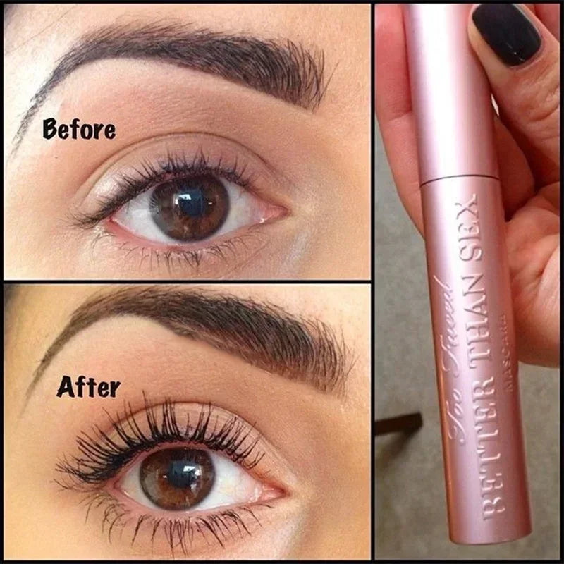 Better Than Sex Mascara with pink aluminum tube, waterproof, sweatproof, nourishing, and volumizing for long, bushy lashes.