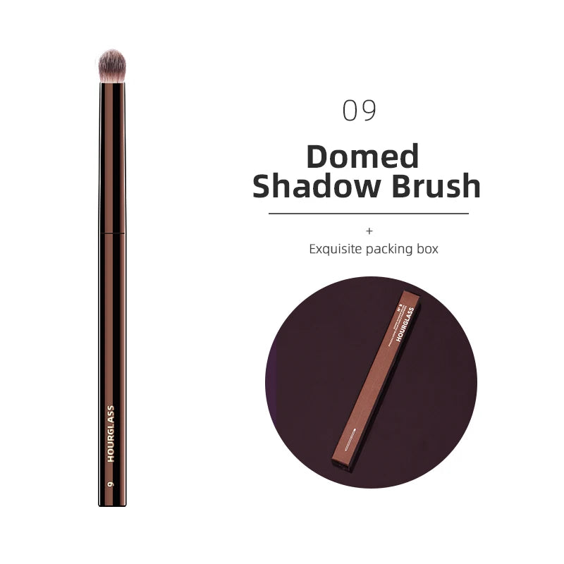 Hourglass Makeup Brushes Domed Shadow Brush with brown handle and soft bristles, designed for eyeshadow application and blending.